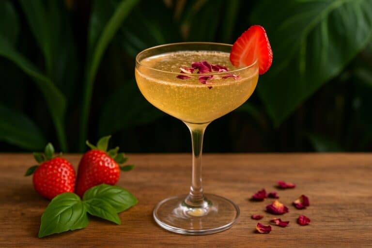 Image du cocktails posée sur une table devant des plantes